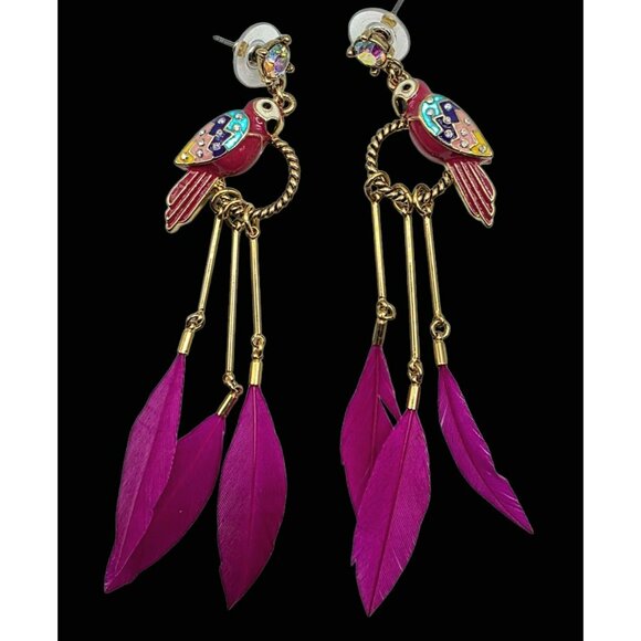 Parrot Statement Earrings Hot Pink Feathers Bird Gold-Tone Dangle Betsey Johnson - Picture 7 of 8